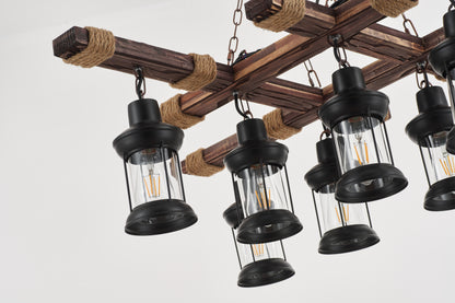 Vado 8-Light Retro Wood Pendant - Black Finish, Natural Wood Accents, E27 Base