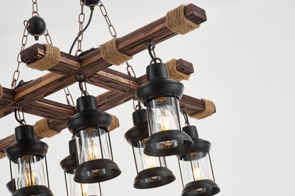 Vado 8-Light Retro Wood Pendant - Black Finish, Natural Wood Accents, E27 Base