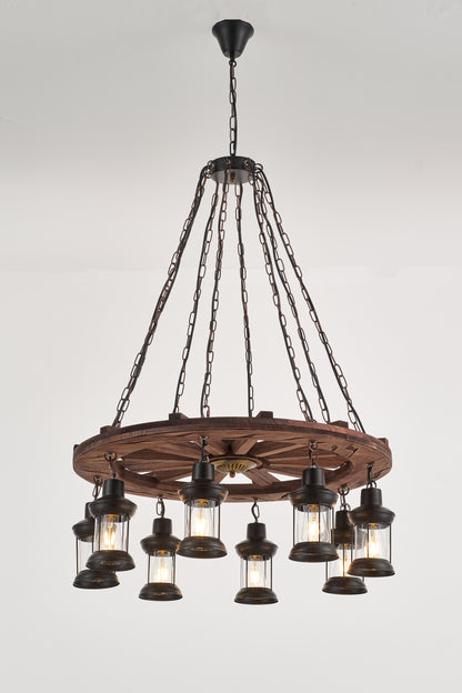 Gamboa 8-Light Retro Wood Pendant - Black Finish, Natural Wood Accents, E27 Base