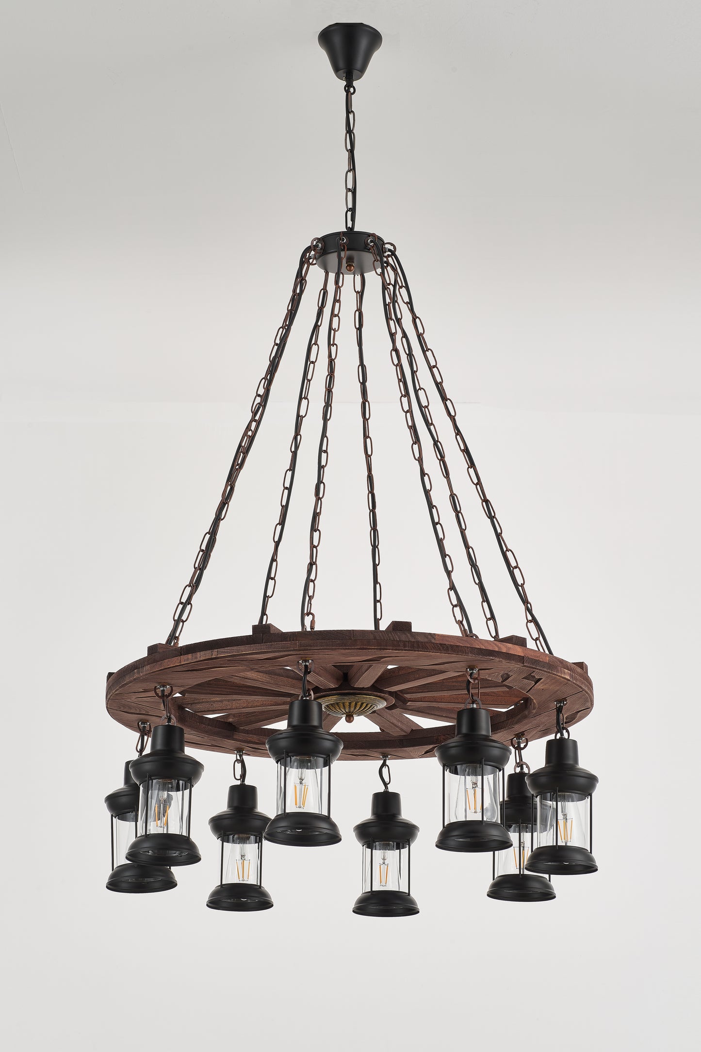 Gamboa 8-Light Retro Wood Pendant - Black Finish, Natural Wood Accents, E27 Base