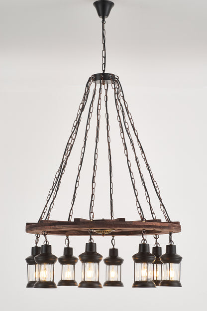Gamboa 8-Light Retro Wood Pendant - Black Finish, Natural Wood Accents, E27 Base