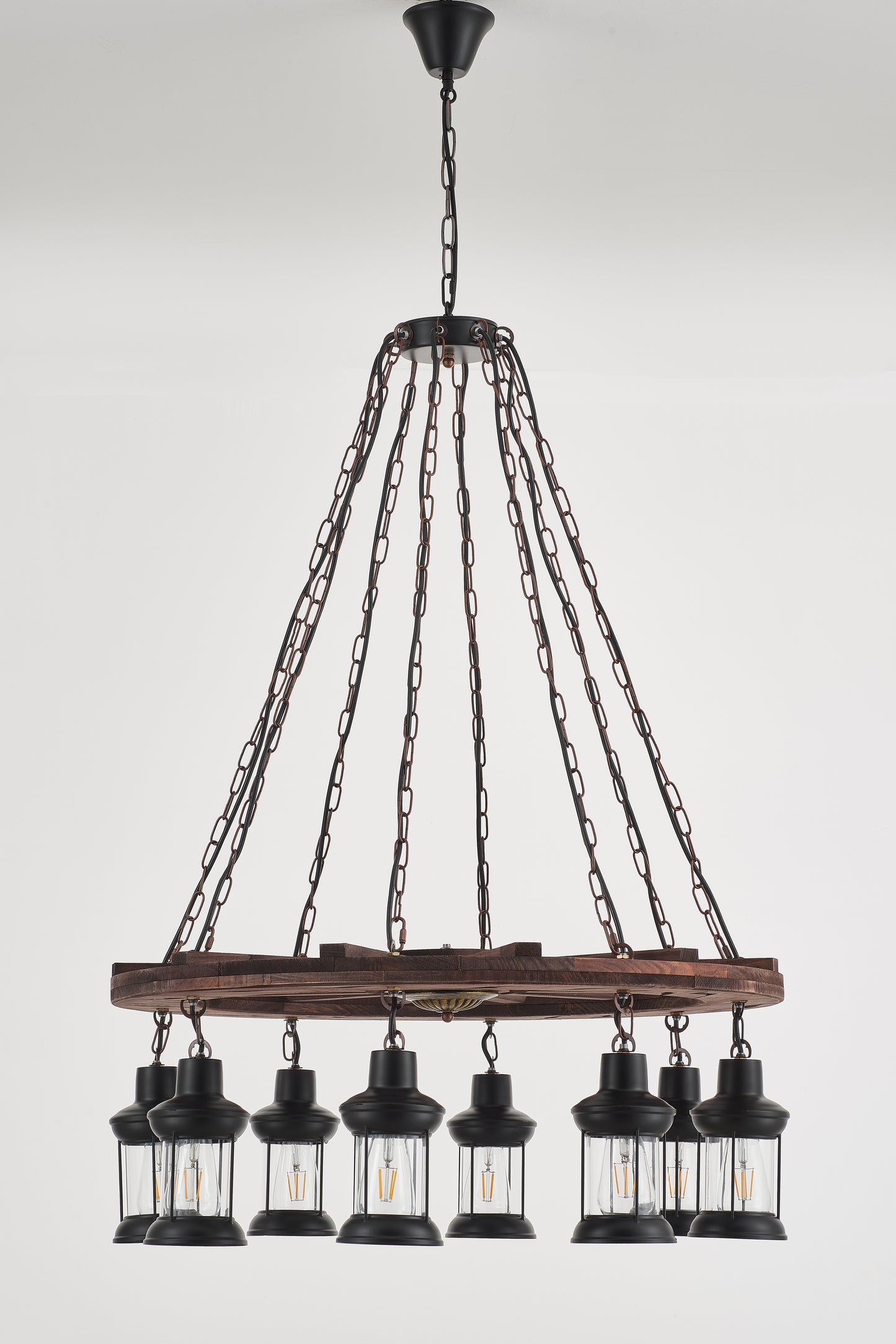 Gamboa 8-Light Retro Wood Pendant - Black Finish, Natural Wood Accents, E27 Base