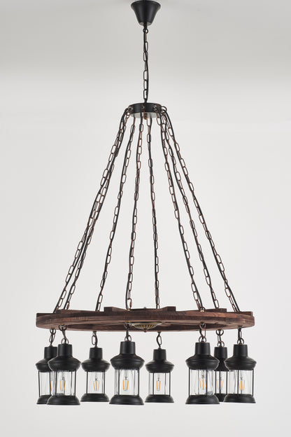 Gamboa 8-Light Retro Wood Pendant - Black Finish, Natural Wood Accents, E27 Base
