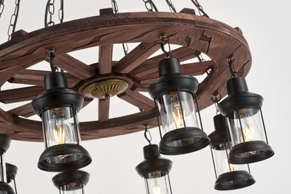 Gamboa 8-Light Retro Wood Pendant - Black Finish, Natural Wood Accents, E27 Base