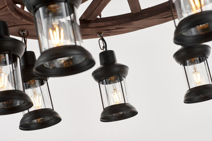 Gamboa 8-Light Retro Wood Pendant - Black Finish, Natural Wood Accents, E27 Base
