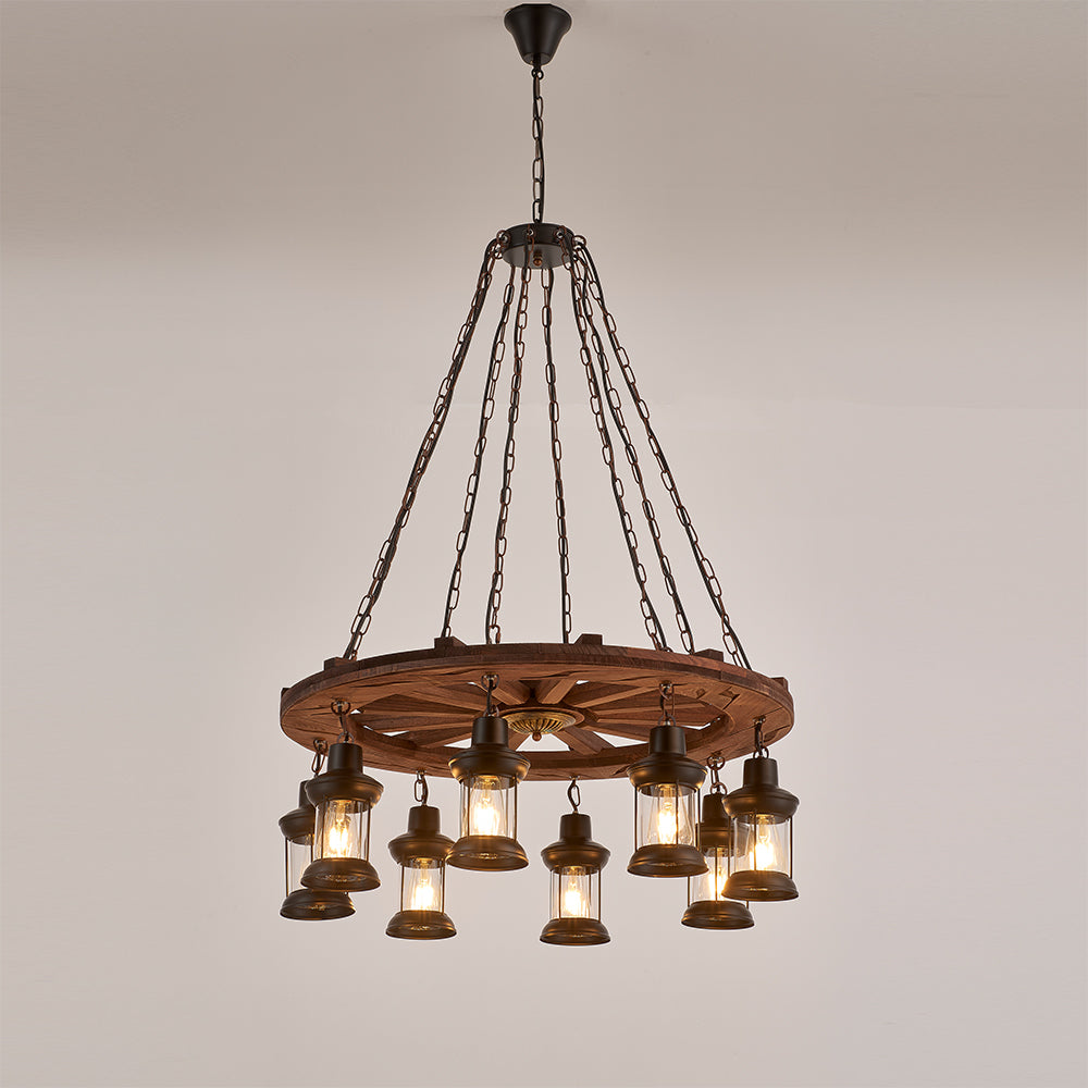 Gamboa 8-Light Retro Wood Pendant - Black Finish, Natural Wood Accents, E27 Base