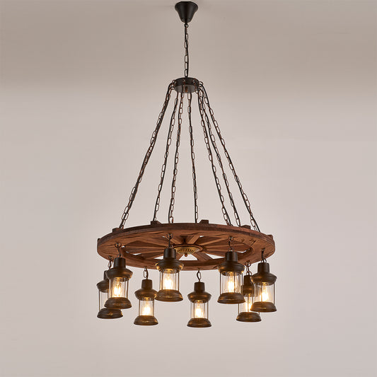 Gamboa 8-Light Retro Wood Pendant - Black Finish, Natural Wood Accents, E27 Base