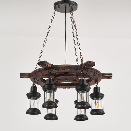 Davy Jones 6-Light Retro Wood Pendant - Black Finish, Natural Wood Accents, E27 Base