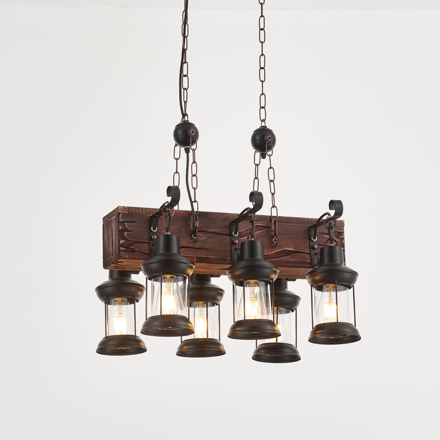 Vane 6-Light Retro Wood Pendant - Black Finish, Natural Wood Accents, E27 Base