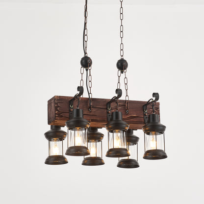Vane 6-Light Retro Wood Pendant - Black Finish, Natural Wood Accents, E27 Base