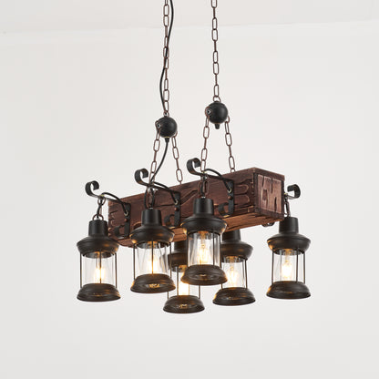 Vane 6-Light Retro Wood Pendant - Black Finish, Natural Wood Accents, E27 Base