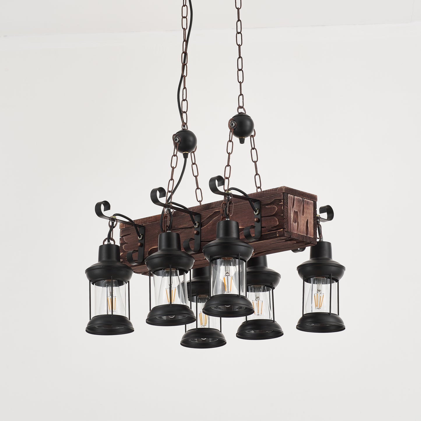 Vane 6-Light Retro Wood Pendant - Black Finish, Natural Wood Accents, E27 Base