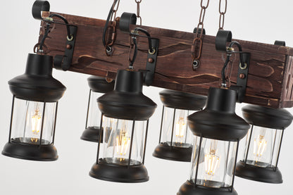 Vane 6-Light Retro Wood Pendant - Black Finish, Natural Wood Accents, E27 Base