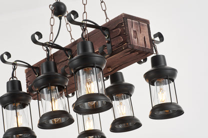 Vane 6-Light Retro Wood Pendant - Black Finish, Natural Wood Accents, E27 Base