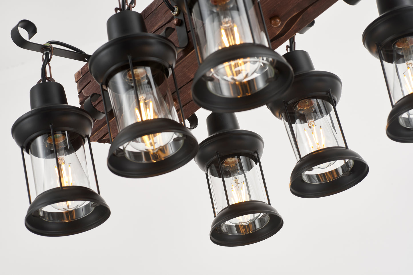 Vane 6-Light Retro Wood Pendant - Black Finish, Natural Wood Accents, E27 Base