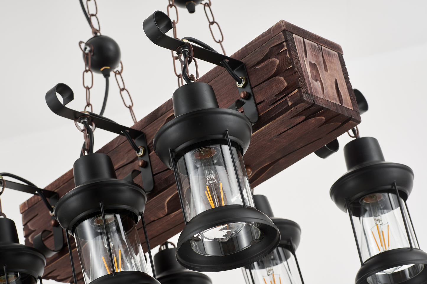 Vane 6-Light Retro Wood Pendant - Black Finish, Natural Wood Accents, E27 Base