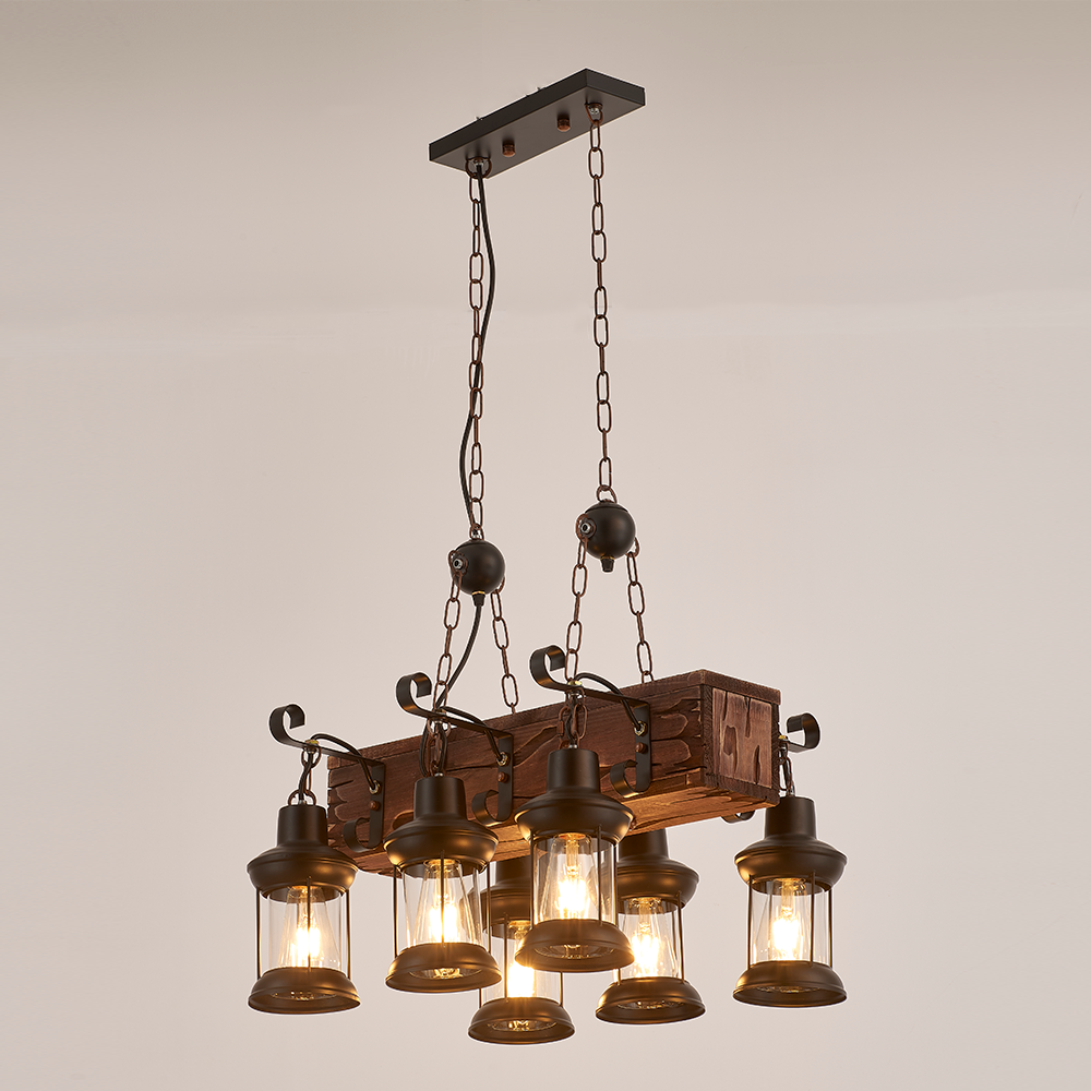 Vane 6-Light Retro Wood Pendant - Black Finish, Natural Wood Accents, E27 Base