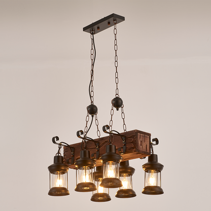 Vane 6-Light Retro Wood Pendant - Black Finish, Natural Wood Accents, E27 Base