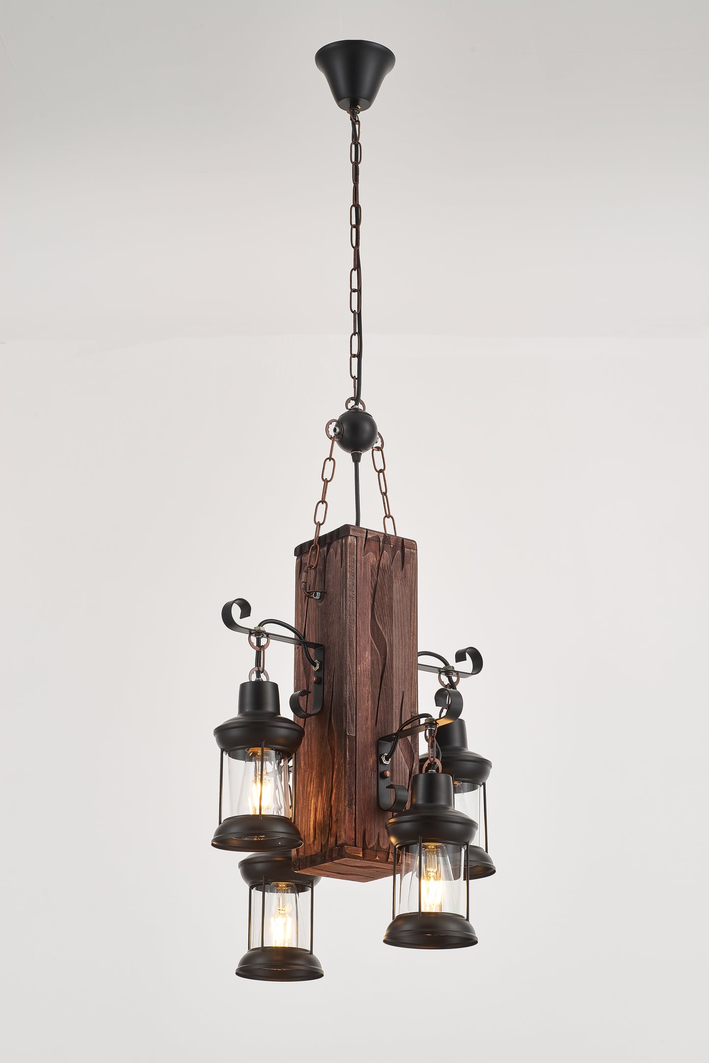 Belic 4-Light Retro Wood Pendant - Black Finish, Natural Wood Accents, E27 Base