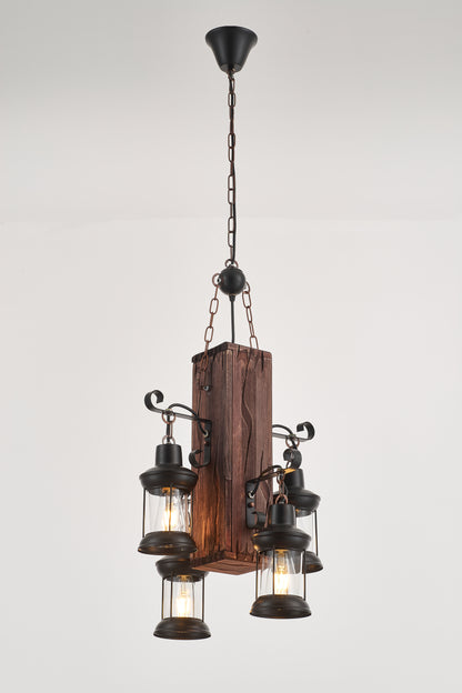 Belic 4-Light Retro Wood Pendant - Black Finish, Natural Wood Accents, E27 Base