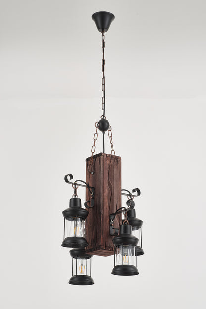 Belic 4-Light Retro Wood Pendant - Black Finish, Natural Wood Accents, E27 Base
