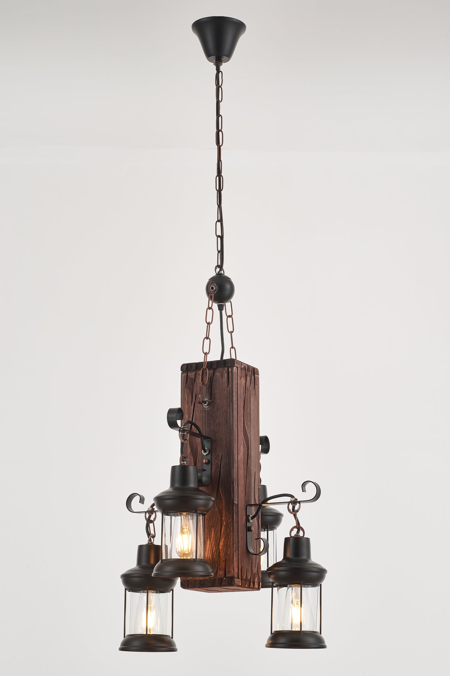 Belic 4-Light Retro Wood Pendant - Black Finish, Natural Wood Accents, E27 Base