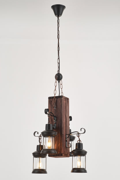 Belic 4-Light Retro Wood Pendant - Black Finish, Natural Wood Accents, E27 Base