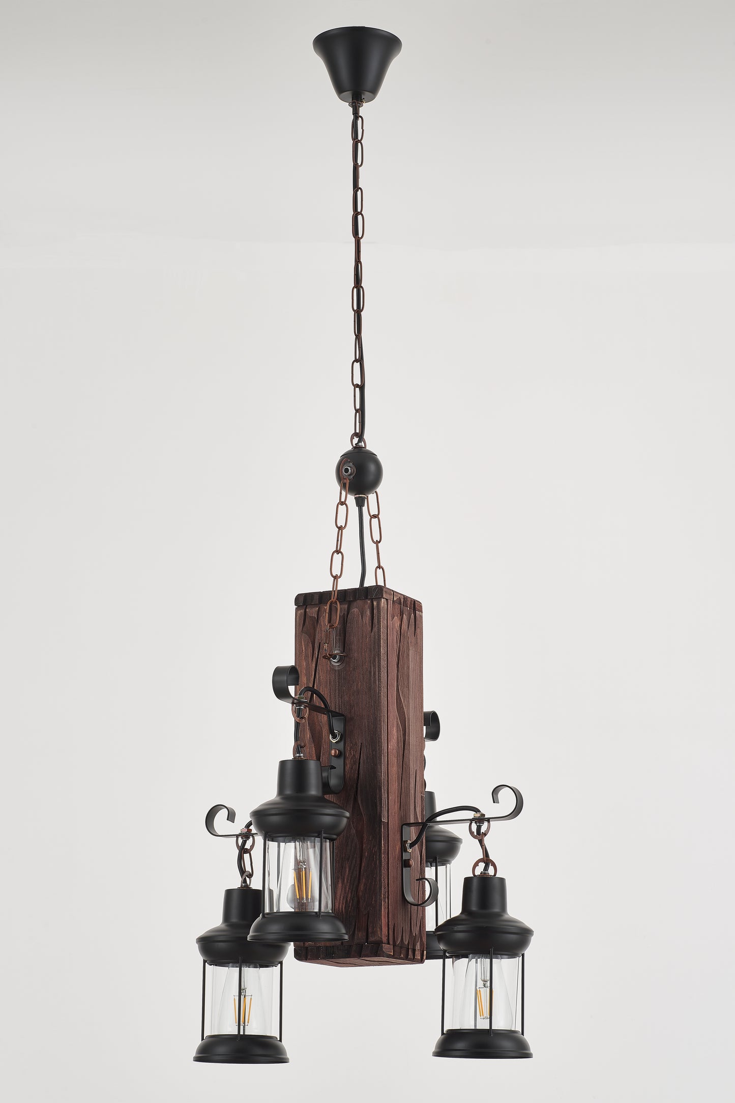Belic 4-Light Retro Wood Pendant - Black Finish, Natural Wood Accents, E27 Base