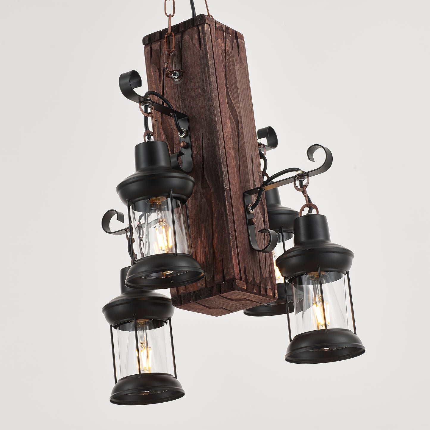 Belic 4-Light Retro Wood Pendant - Black Finish, Natural Wood Accents, E27 Base