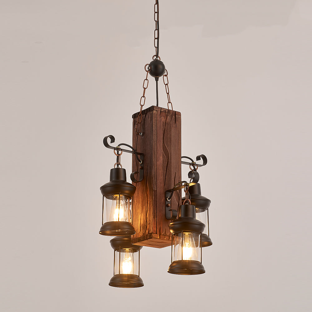 Belic 4-Light Retro Wood Pendant - Black Finish, Natural Wood Accents, E27 Base