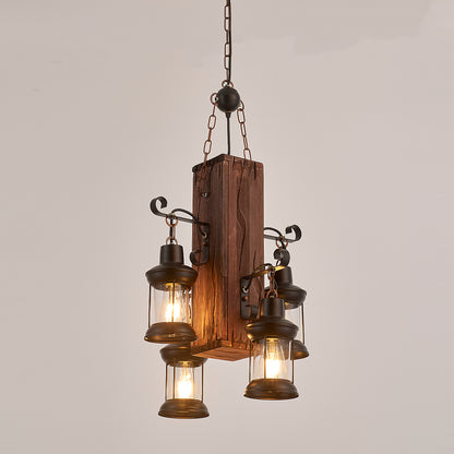 Belic 4-Light Retro Wood Pendant - Black Finish, Natural Wood Accents, E27 Base