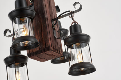 Belic 4-Light Retro Wood Pendant - Black Finish, Natural Wood Accents, E27 Base