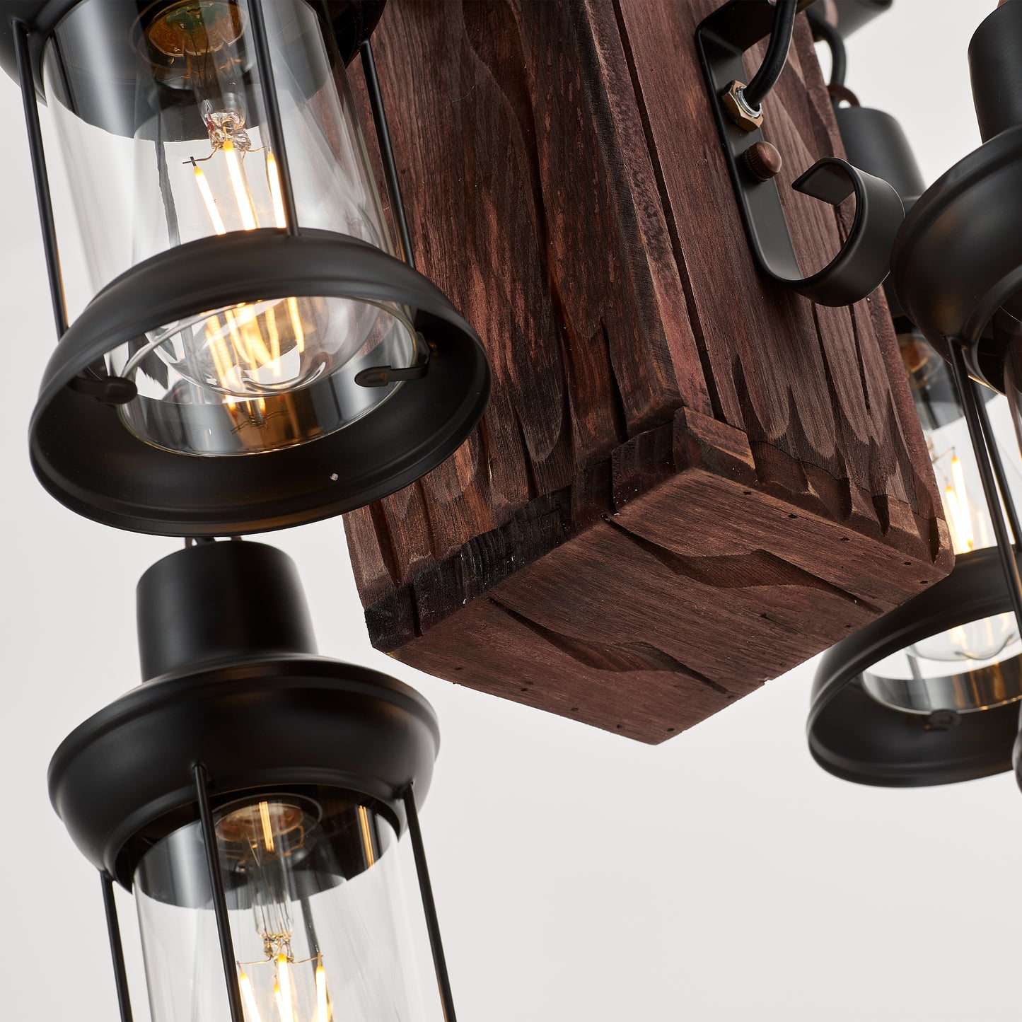 Belic 4-Light Retro Wood Pendant - Black Finish, Natural Wood Accents, E27 Base