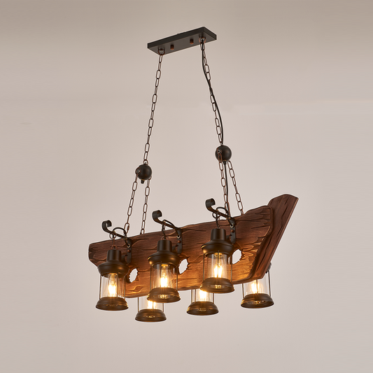 Chalupa 6-Light Retro Wood Pendant - Black Finish, Natural Wood Accents, E27 Base