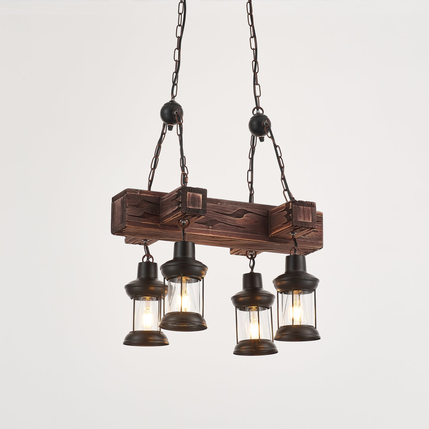 Javier 4-Light Retro Wood Pendant - Black Finish, Natural Wood Accents, E27 Base