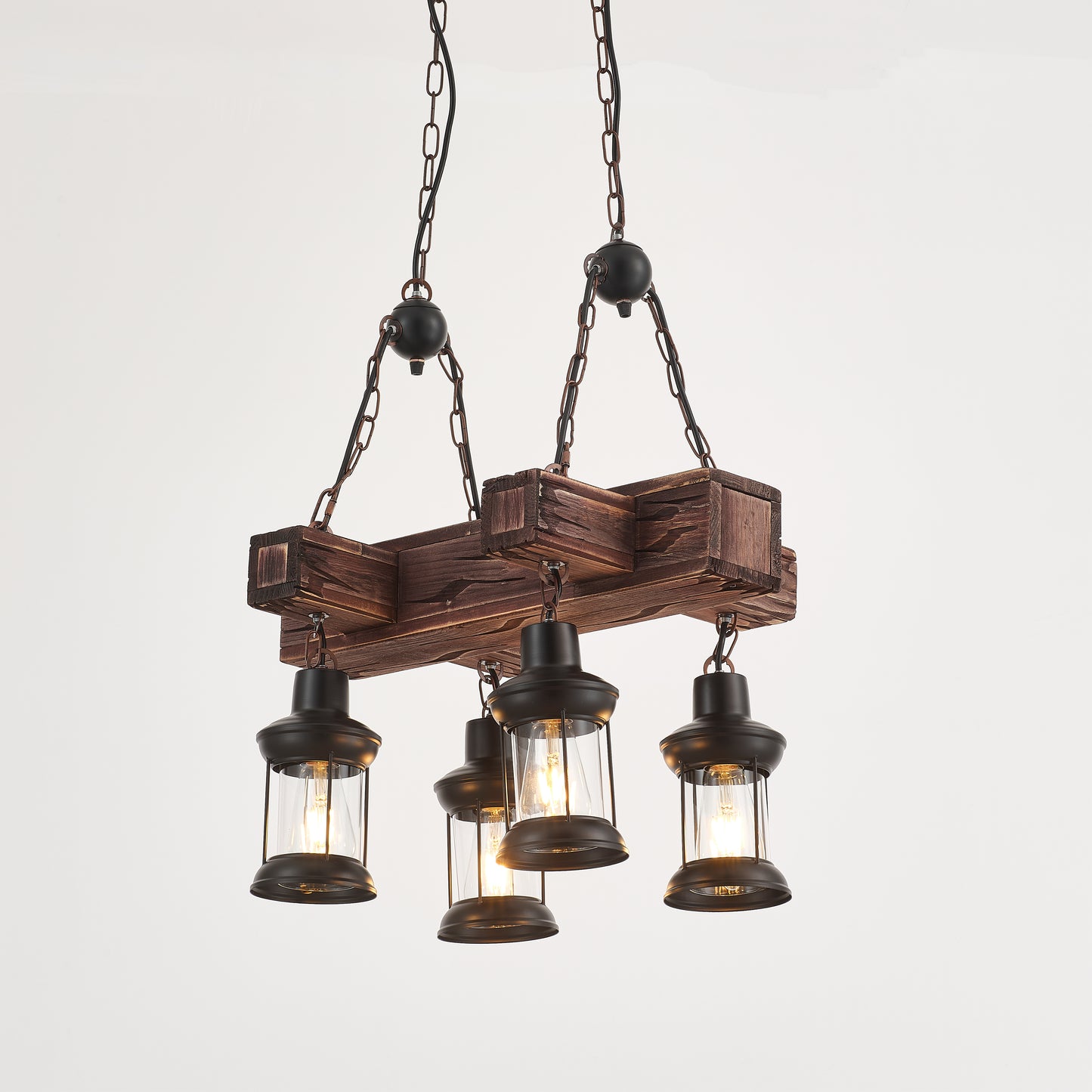 Javier 4-Light Retro Wood Pendant - Black Finish, Natural Wood Accents, E27 Base