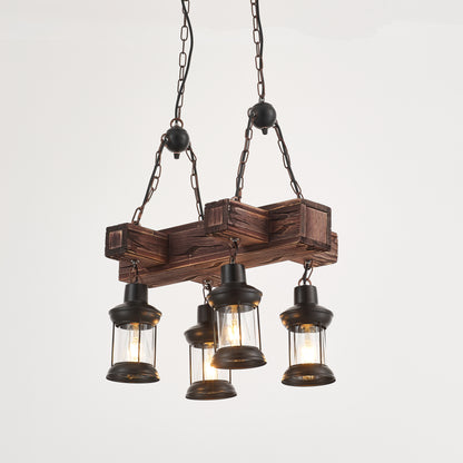 Javier 4-Light Retro Wood Pendant - Black Finish, Natural Wood Accents, E27 Base