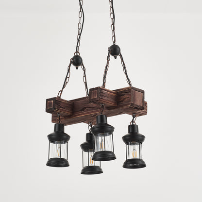 Javier 4-Light Retro Wood Pendant - Black Finish, Natural Wood Accents, E27 Base