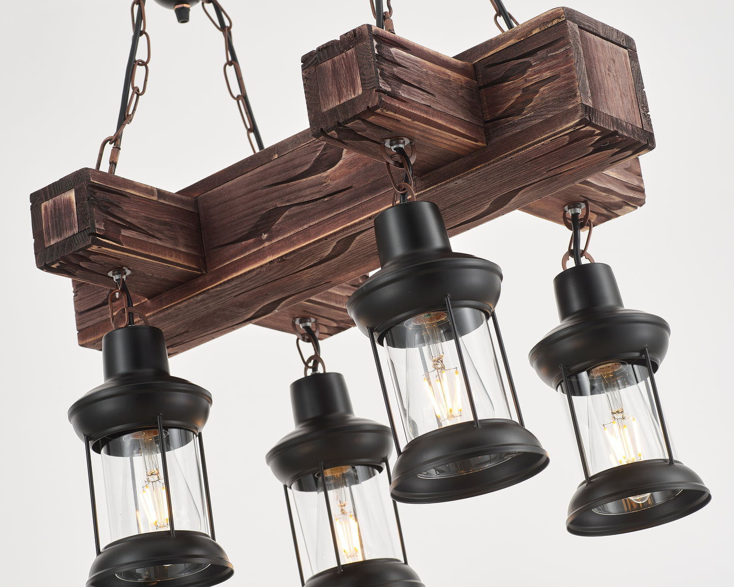 Javier 4-Light Retro Wood Pendant - Black Finish, Natural Wood Accents, E27 Base