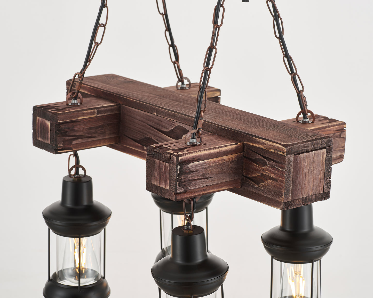 Javier 4-Light Retro Wood Pendant - Black Finish, Natural Wood Accents, E27 Base