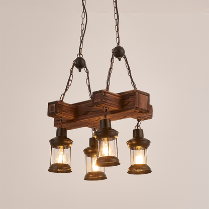 Javier 4-Light Retro Wood Pendant - Black Finish, Natural Wood Accents, E27 Base