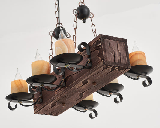 Corsair 6-Light Retro Wood Pendant - Black Finish, Natural Wood Accents, E14 Base