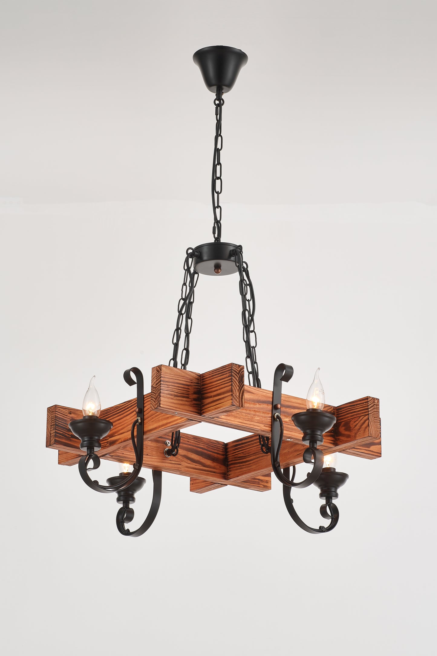 Chambas 4-Light Retro Wood Pendant - Black Finish, Natural Wood Accents, E14 Base