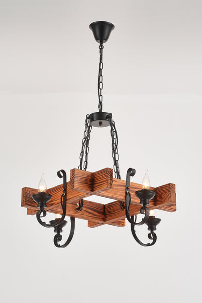 Chambas 4-Light Retro Wood Pendant - Black Finish, Natural Wood Accents, E14 Base