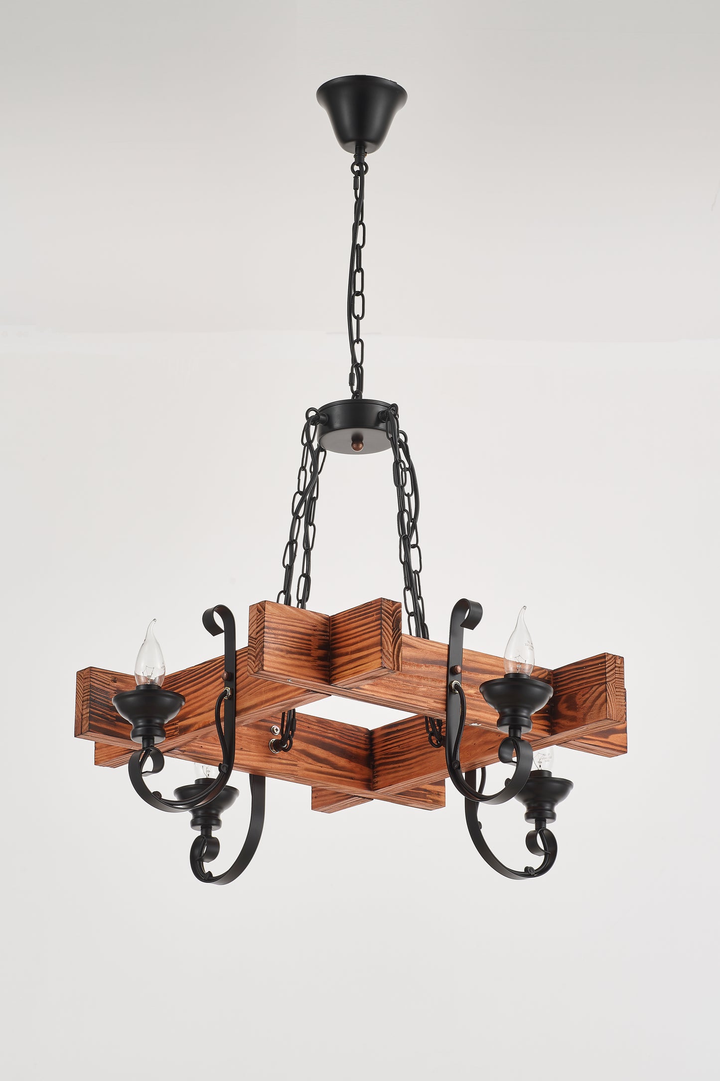 Chambas 4-Light Retro Wood Pendant - Black Finish, Natural Wood Accents, E14 Base