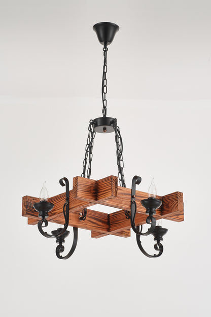 Chambas 4-Light Retro Wood Pendant - Black Finish, Natural Wood Accents, E14 Base