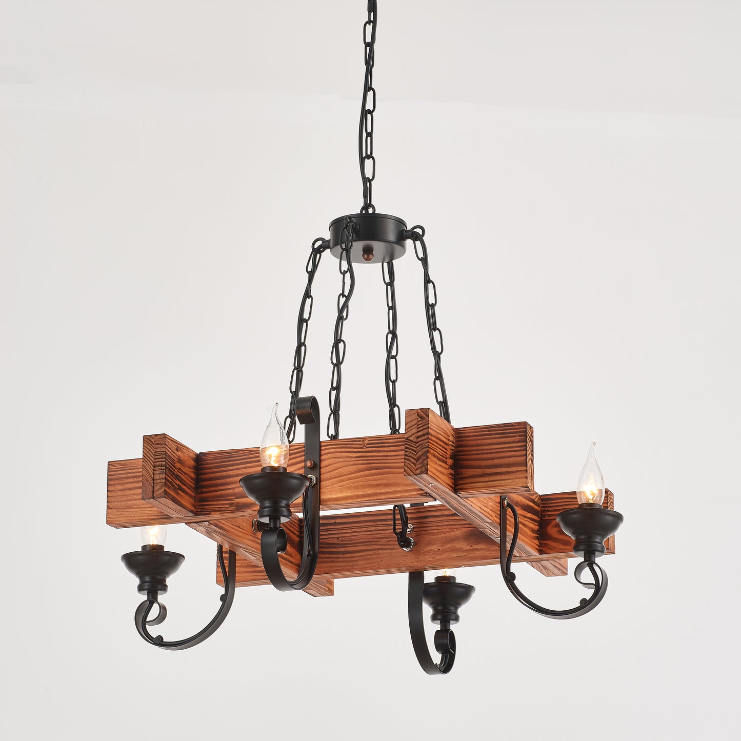 Chambas 4-Light Retro Wood Pendant - Black Finish, Natural Wood Accents, E14 Base
