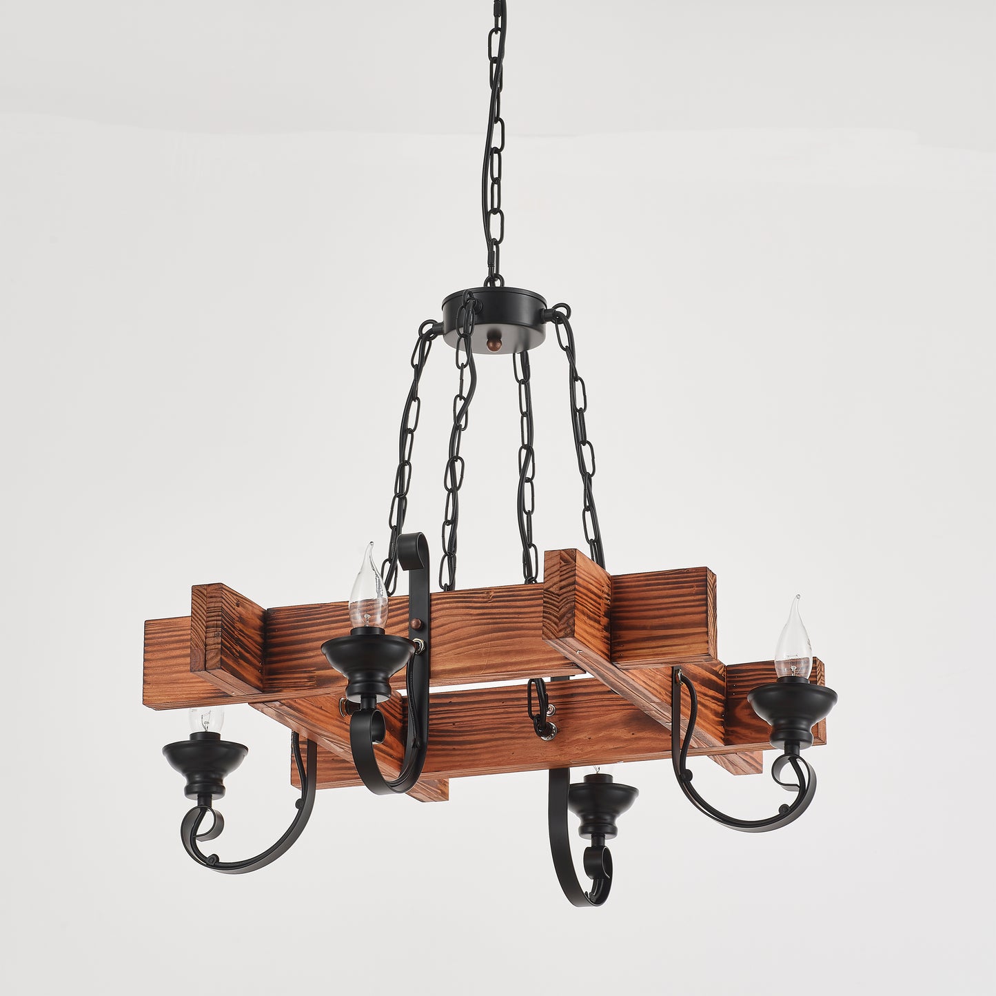 Chambas 4-Light Retro Wood Pendant - Black Finish, Natural Wood Accents, E14 Base