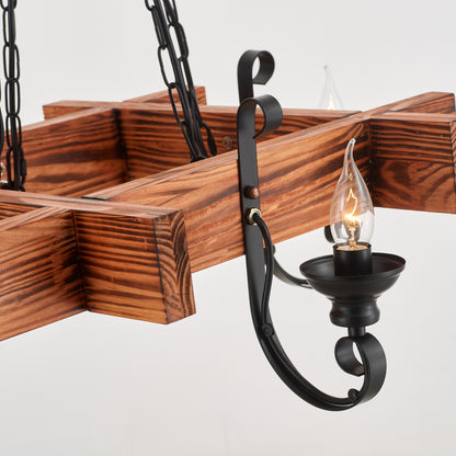 Chambas 4-Light Retro Wood Pendant - Black Finish, Natural Wood Accents, E14 Base