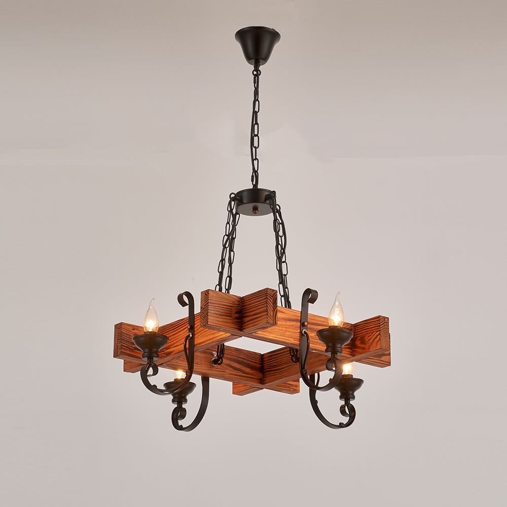 Chambas 4-Light Retro Wood Pendant - Black Finish, Natural Wood Accents, E14 Base